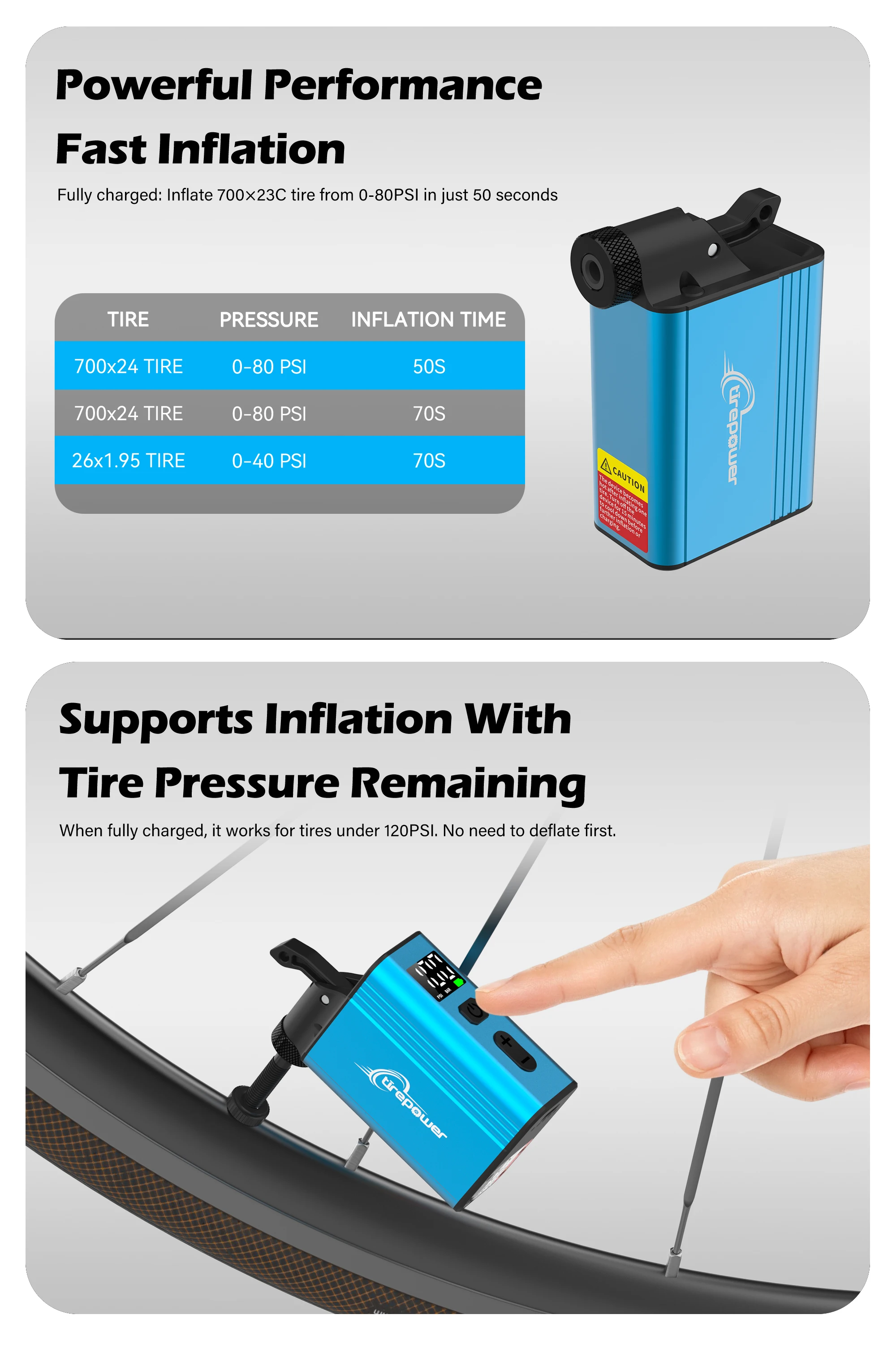 120PSI Mini-Elektropumpe mit Reifendruckmesser, tragbare Fahrradpumpe aus Aluminiumlegierung für Schrader-/Presta-/Dunlop-/Clik-Ventile, Reifenfüller – Detail 3