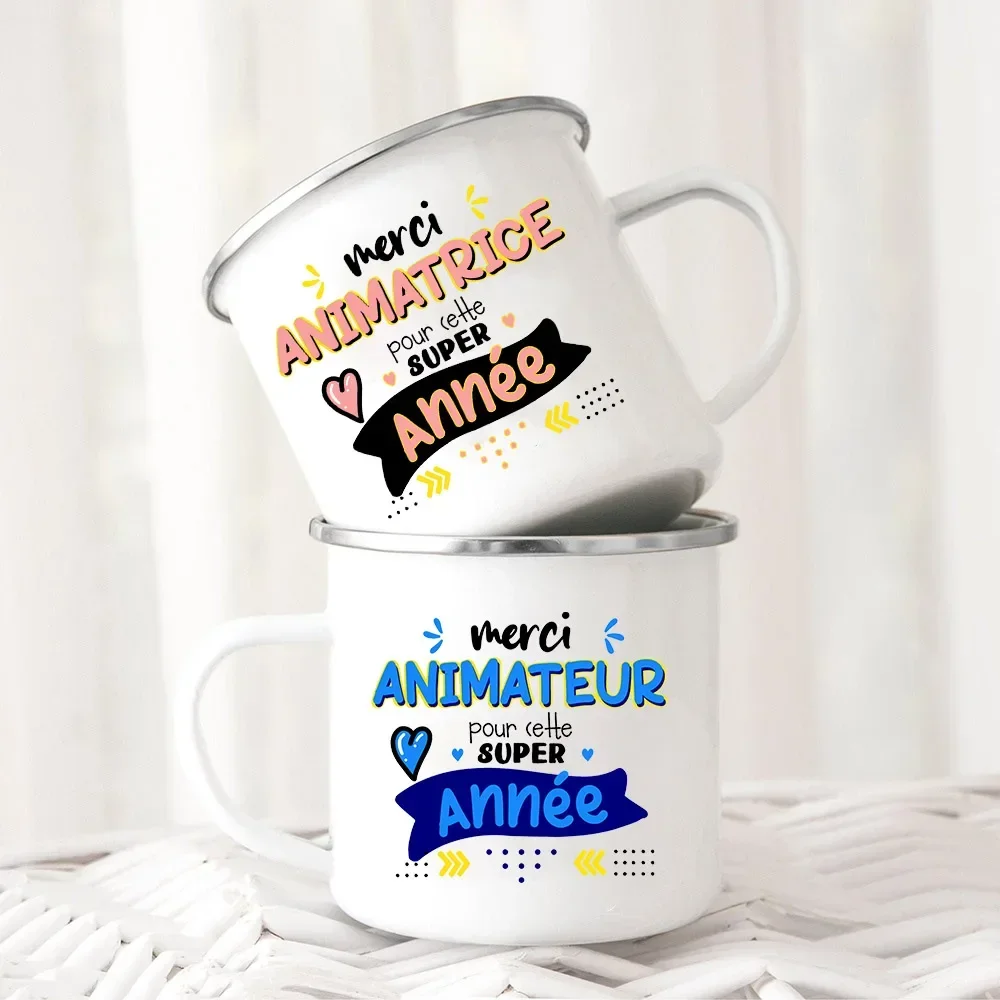 Enamel Camping Mugs Merci Animatrice & Animateur French Print Mug Coffee Drinks Water Beer Juice Cup Handle Drinkware Best Gifts