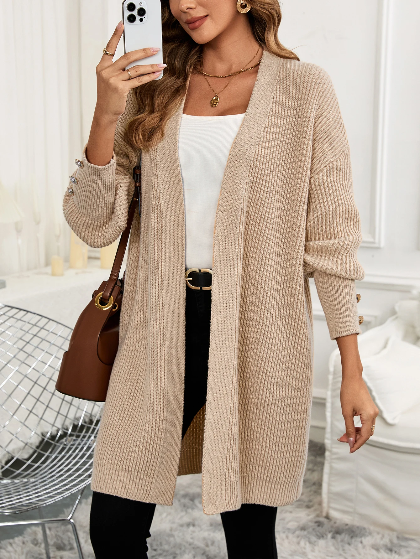 Amazon Europe and the United States women's V-neck solid color knit cardigan autumn and winter temperament long green sweater co