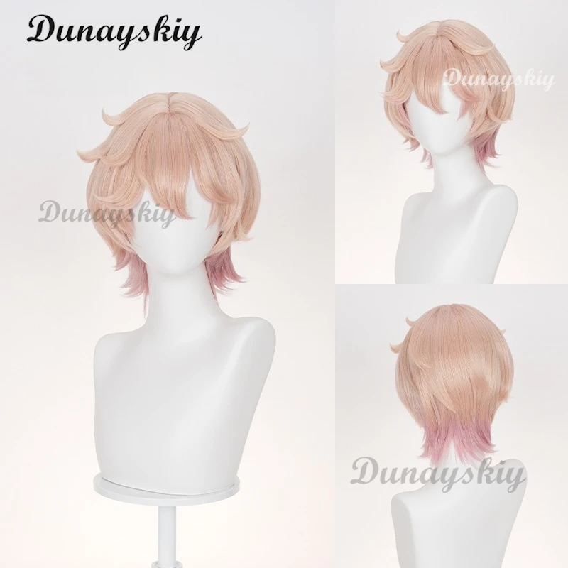 داليا شعر مستعار تأثيري جينشين تأثير الوردي التدرج الشعر القصير مصاص دماء Heterochromia فونتين Mondstadt الألياف الشعر + غطاء شعر مستعار