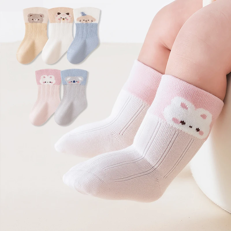 3/5 Pairs Newborn Socks Color‑Block Cartoon Baby Socks Soft Cotton Casual Socks for Toddler Boys Girls 0‑36 Months