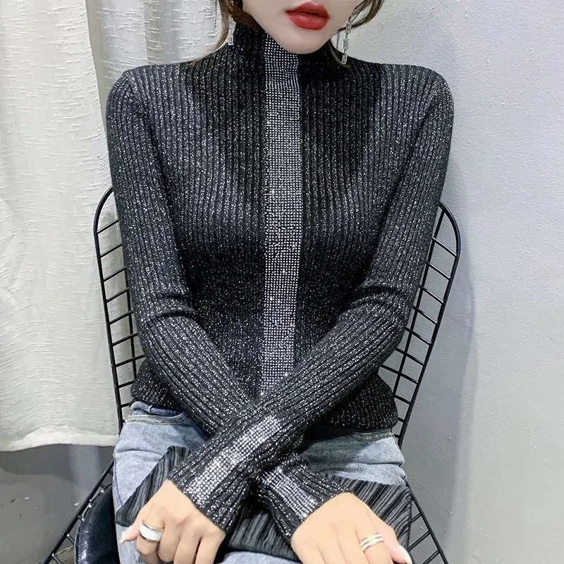 2024 Simple Women Turtleneck Sweater Winter Fashion Pullover Elastic Knit Ladies Jumper Casual Solid Black Female Basic Tops