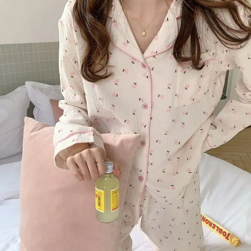 Floral Sleepwear Women Pajama Sets Lace Piiama Autumn Pants Sets for Women 2 Pieces Long Sleeve Night Wears Button Home Suit New