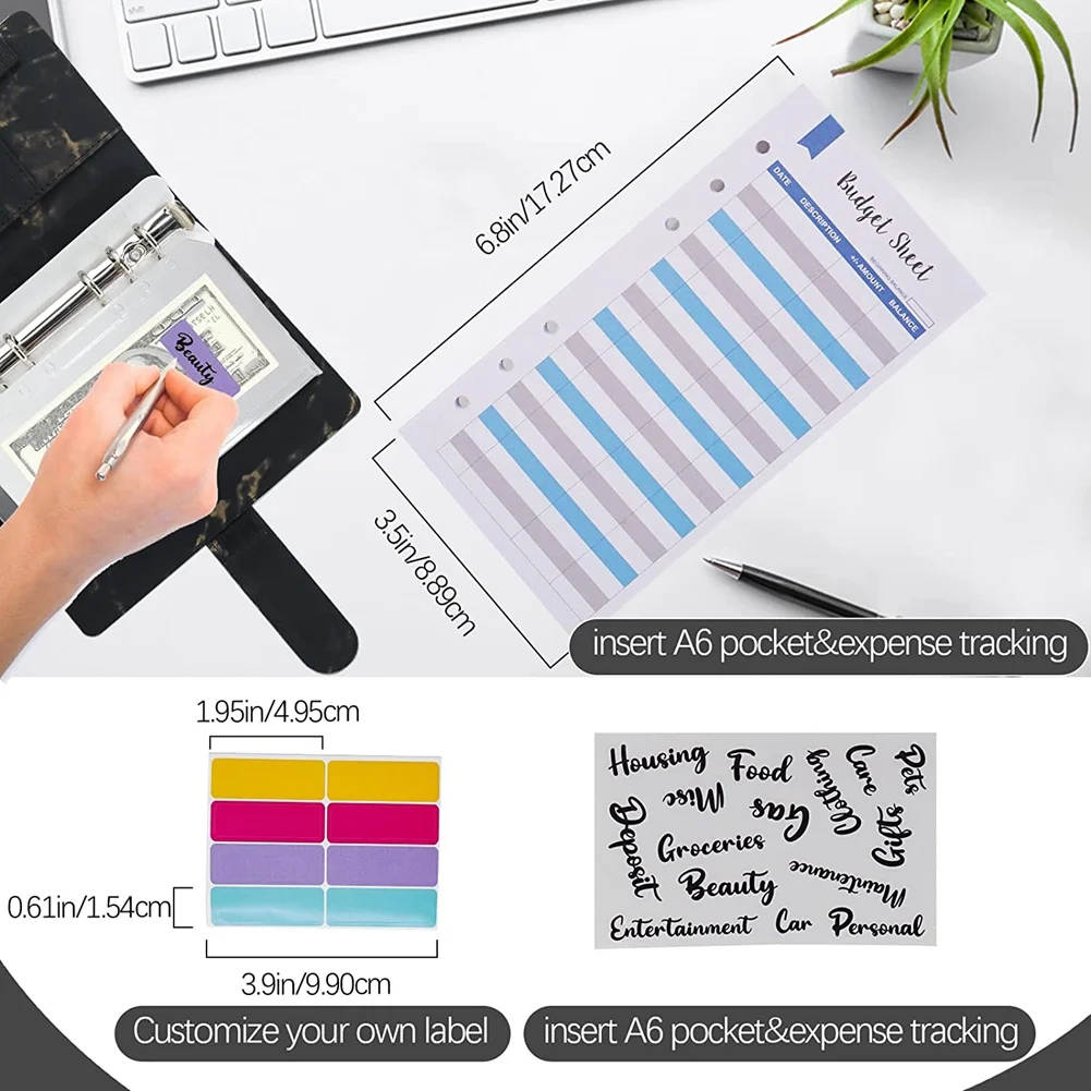 แฟ้ม A6 PU ราคาประหยัดพร้อมซองเงินสดใสแผ่นงบประมาณและสติกเกอร์ป้ายกำกับสำหรับจัดเก็บซองจดหมายให้เป็นระเบียบ