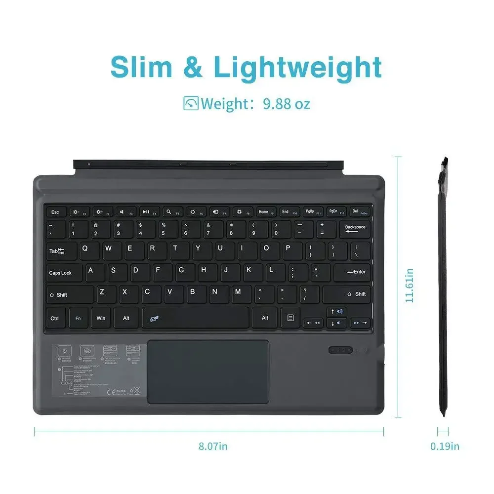 Teclado Bluetooth Sem Fio com Touchpad, Teclado de Retroiluminação, Microsoft Surface Pro 3, 4, 5, 6, 7, Pro 9, 8, GO 12, 3 Tablet