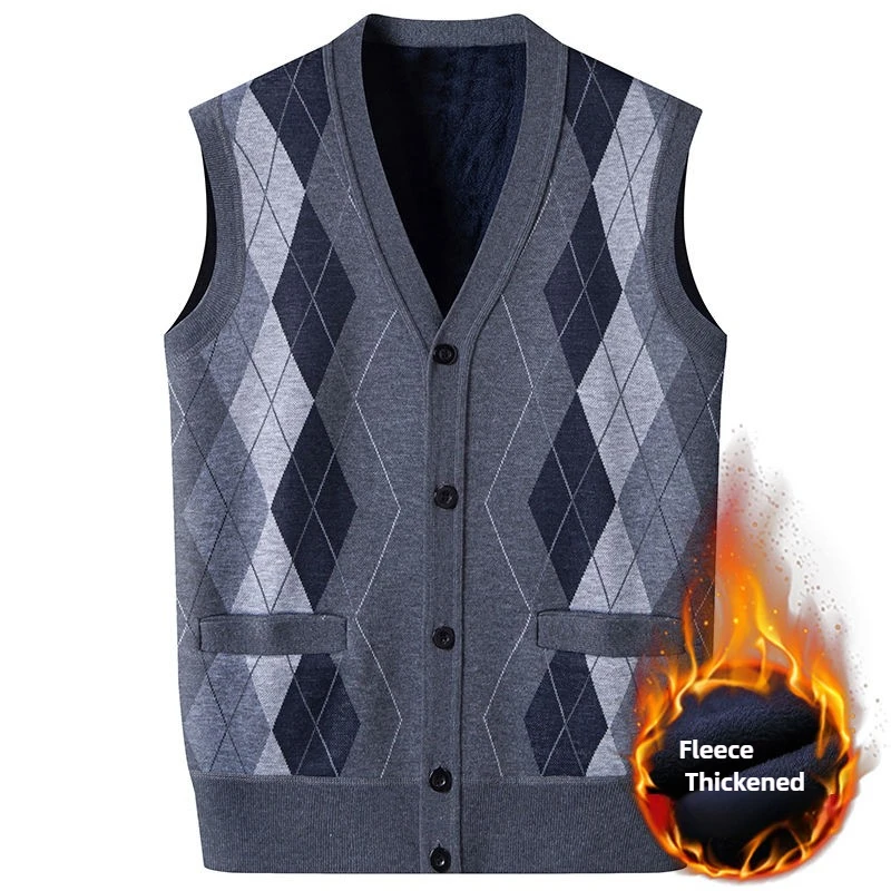 

Men's Thickened Knitting Vest Fashion Plaid V-neck Fleece Lined Warm Waistcoat Winter Casual Soft Button Up Vest with Pocket
