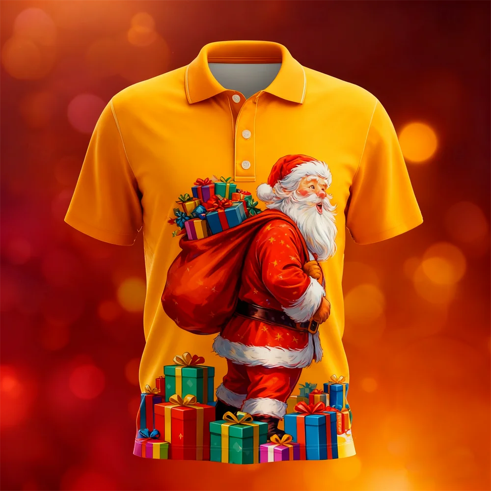 هدية عيد الميلاد نمط قميص بولو قصير الأكمام 3D طباعة مضحك سانتا كلوز الرسم زر التلبيب أعلى تنفس سريعة الجافة الملابس