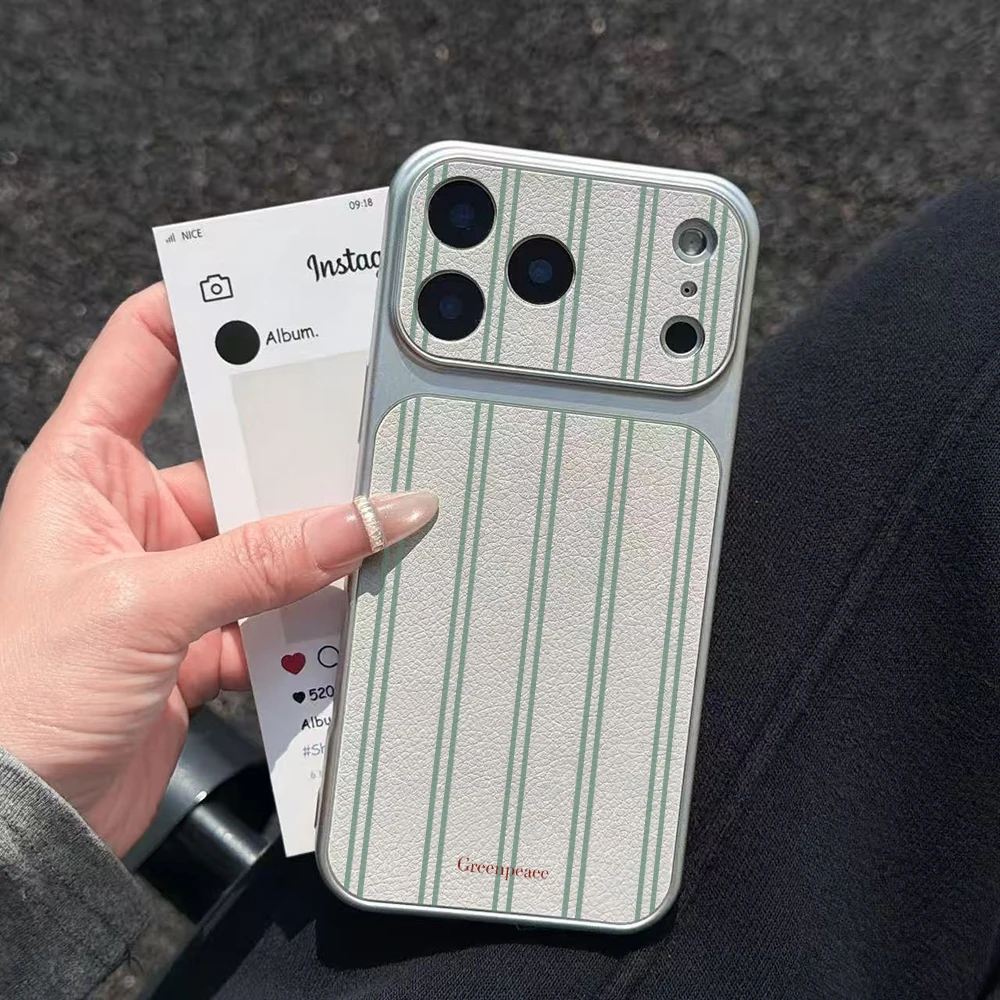 Simple Green Stripe Couple Electroplated Glossy Phone Case for iPhone 17 16 Air 11 12 13 14 15 Pro Max 7 8 Plus Protective Cover