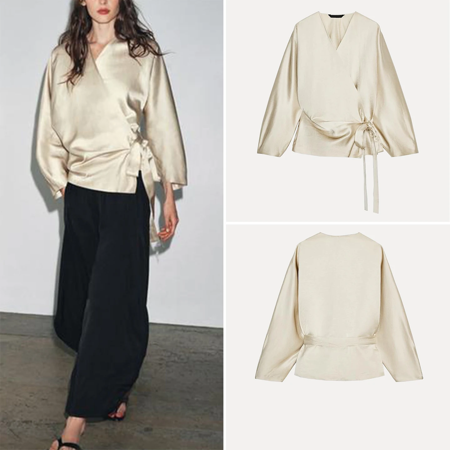 

Faionable Linen Blend irt с галстуком-бабочкой для женщин, осень 2023, двойная фронтальная часть, европейский длинный све, обычный, тонкий