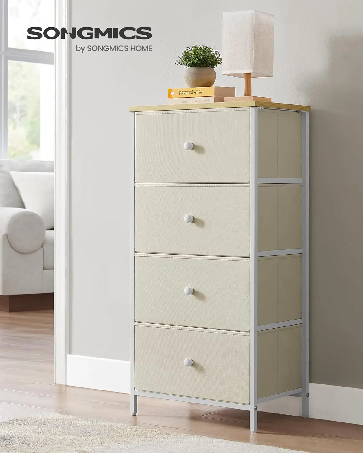 4 Bedroom, Fabric Dresser, Metal Frame, Small Chest of Drawers, Camel Yellow + Cream White