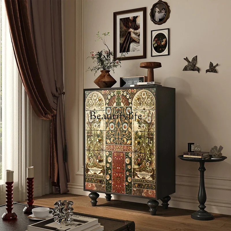 

French solid wood chest of drawers, storage locker in the corner of the living room against the wall