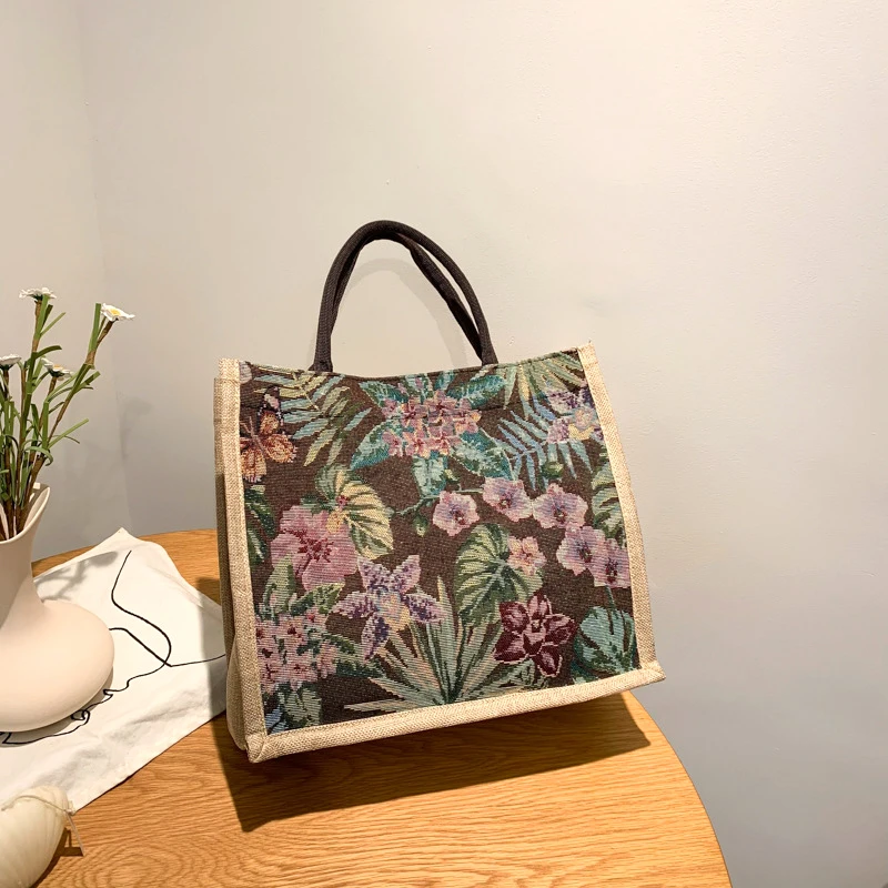 Large Capacity Burlap Tote Bag Vintage Flower Printed Top Handle Eco Shopping Bags Females Foldable Handbag Clutch Bag Hobo