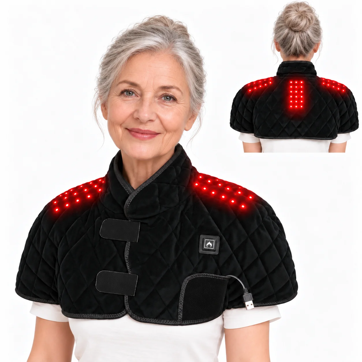 Red Light Heated Shoulder Cape for Neck and Upper Back 3 Heat Levels 3 Massage Modes USB Powered Soft Wrap for Home and Office