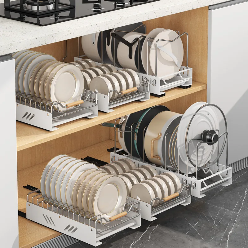 

Kitchen Storage Rack with Slide Rails Pull-out Drawer Type Bowl Dish Storage Rack Storage Rack Cabinets Organizer Space saving