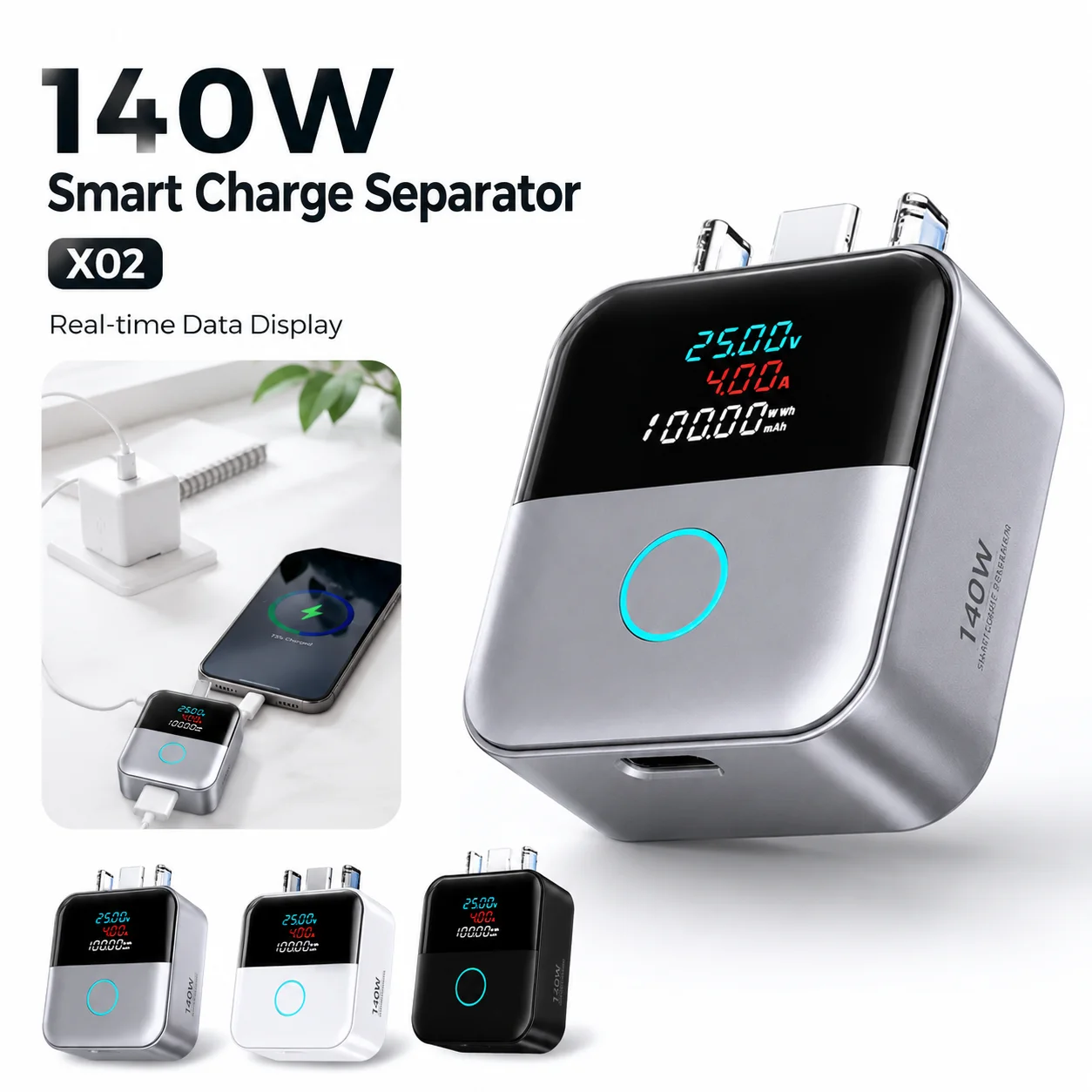 Smart USB C Charge Cut Off Adapter 140W Digital Current Voltage Display Overcharge Overcurrent Protection for Mobile Devices