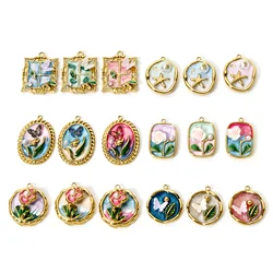 1 Piece 304 Stainless Steel Charms 18K Gold Plated Round Flower Enamel Oil Painting Pendants Necklace Findings for DIY Jewelry