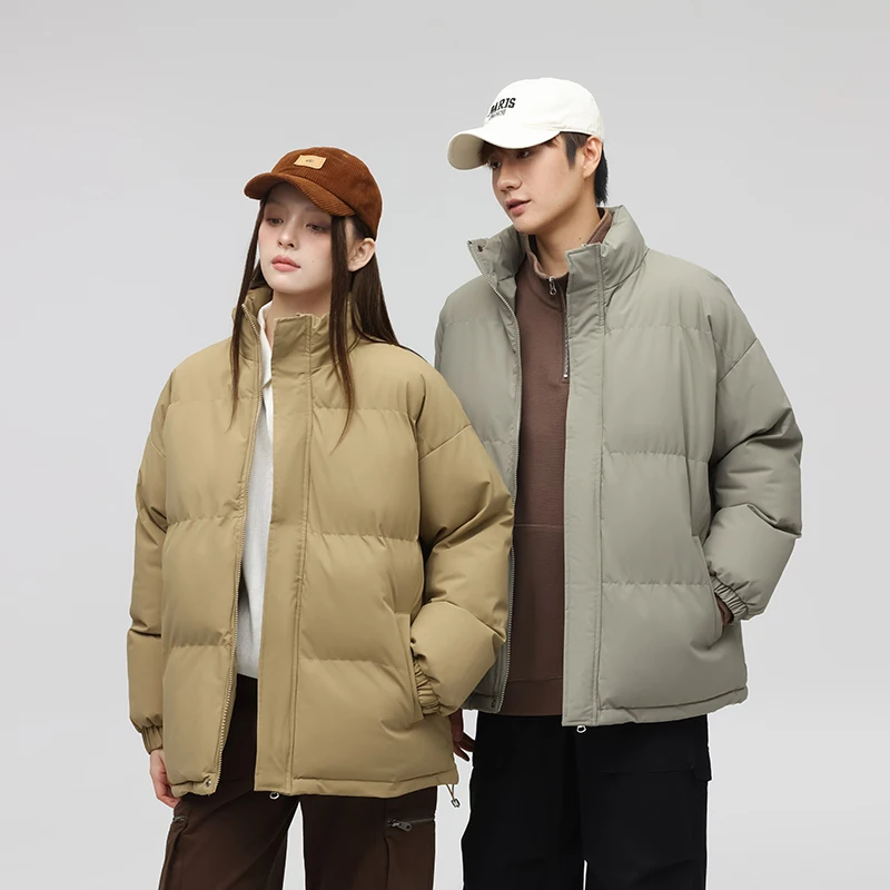 

ex Thiened down Cotton Jaet Stand Collar Bread Sle Warm Pure Color Couple Cotton Clothes Winter Faion Streetwear