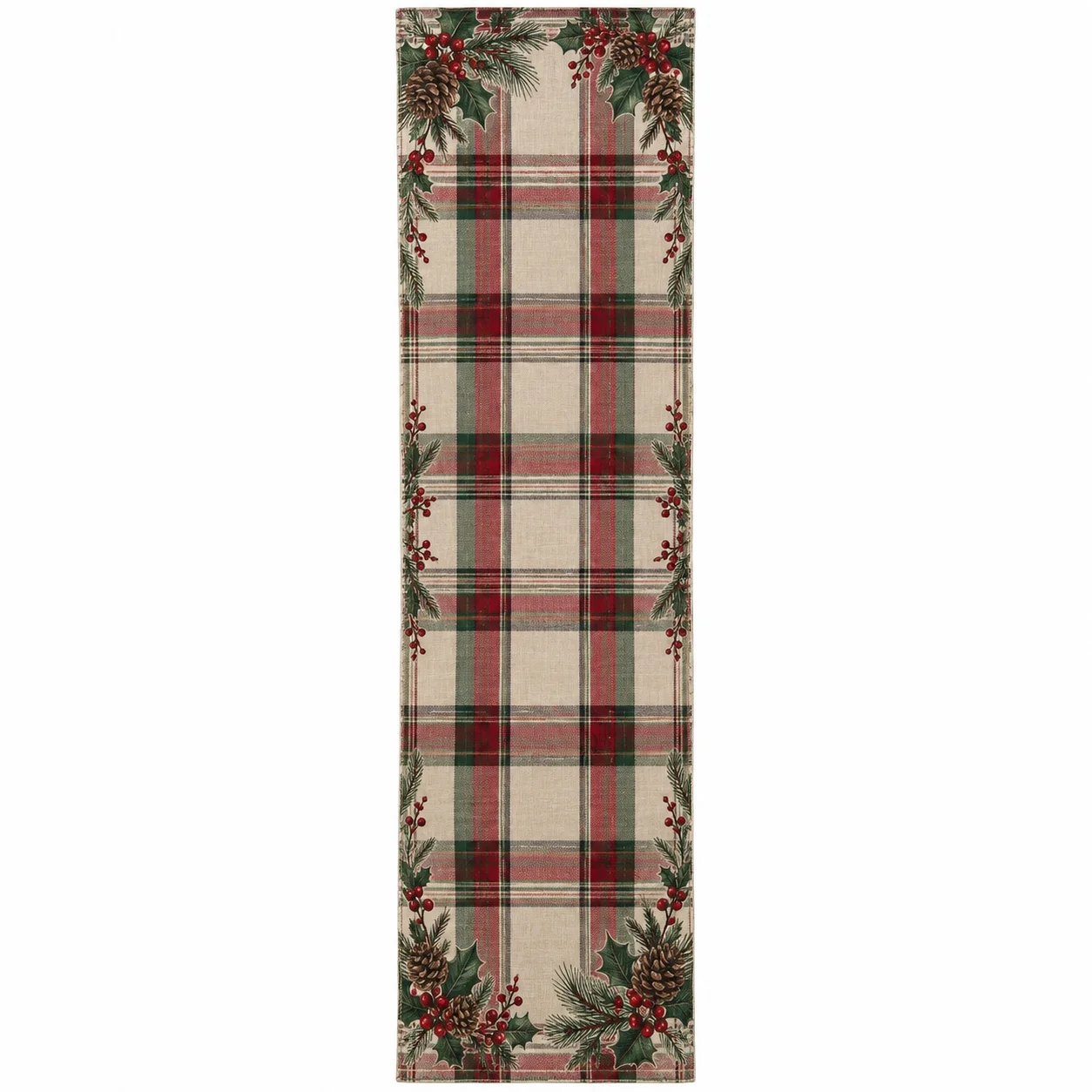 Christmas Table Runner Red Green Plaid Tartan Holiday Tablecloth Pine Cone Holly Berry Dining Table Decor