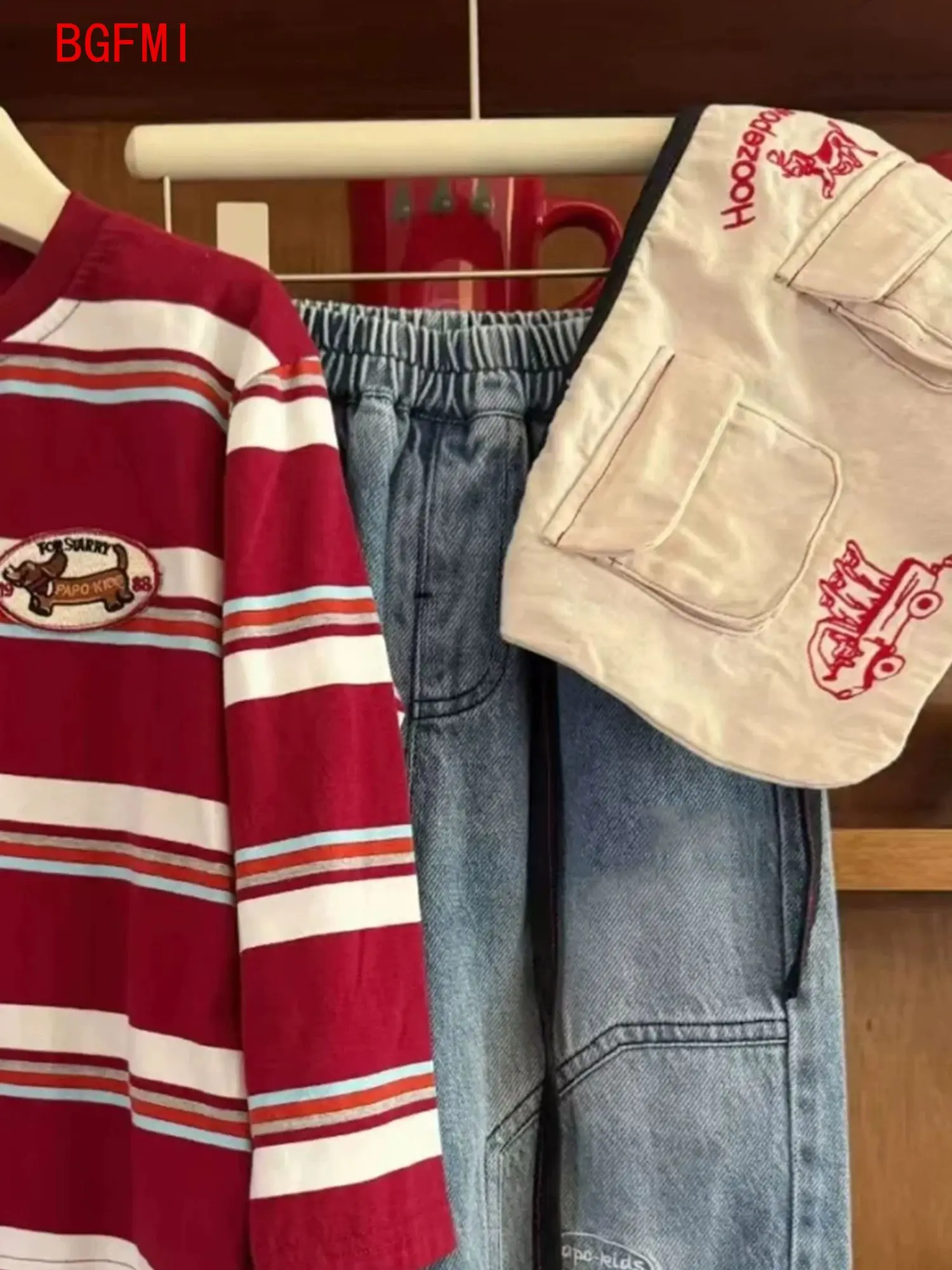 Children's Spring and Autumn Clothing Set New Red Striped T-shirt +Fashionable 3D Embroidered Denim Pants Handsome Two Piece Set