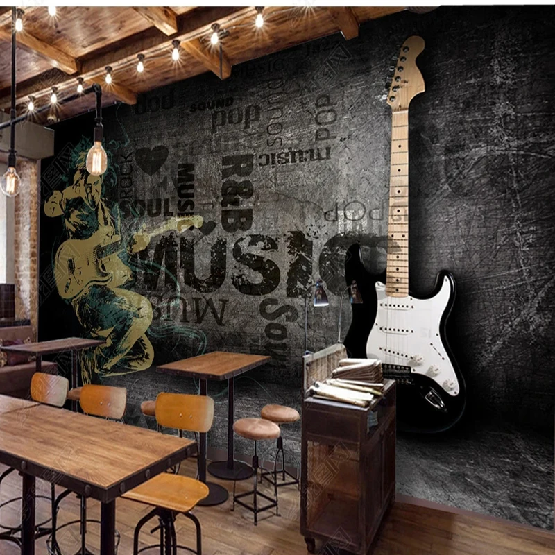 

3D Wallpaper Retro Cool Electric Guitar Black Cool Music Bar Murals Rock KTV Restaurant Background Wall Decor Personality Fresco