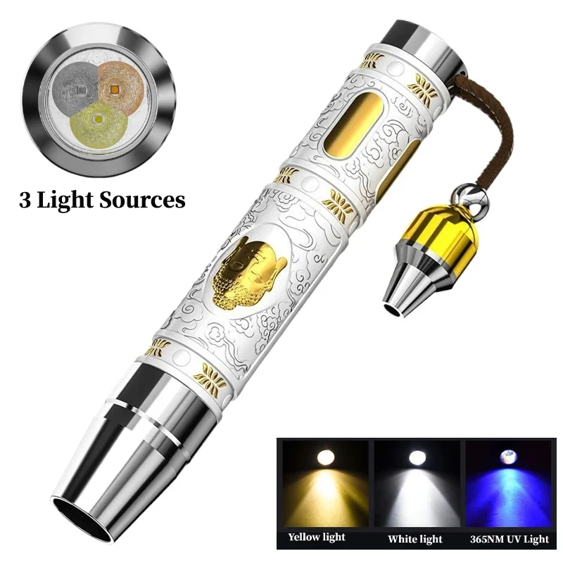 Linterna de identificación de Jade portátil, 3 modos, alta potencia, 5W, UV, luz blanca/amarilla/púrpura, Led, batería 18650