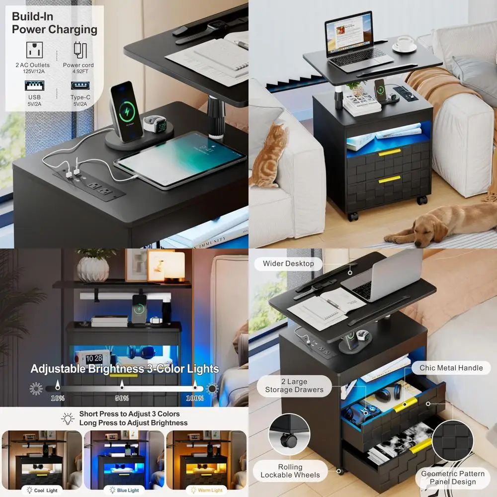 

Black Rolling Nightstand with 2 Drawers, LED Light, Charging Station, and Laptop Workstation for Bedroom