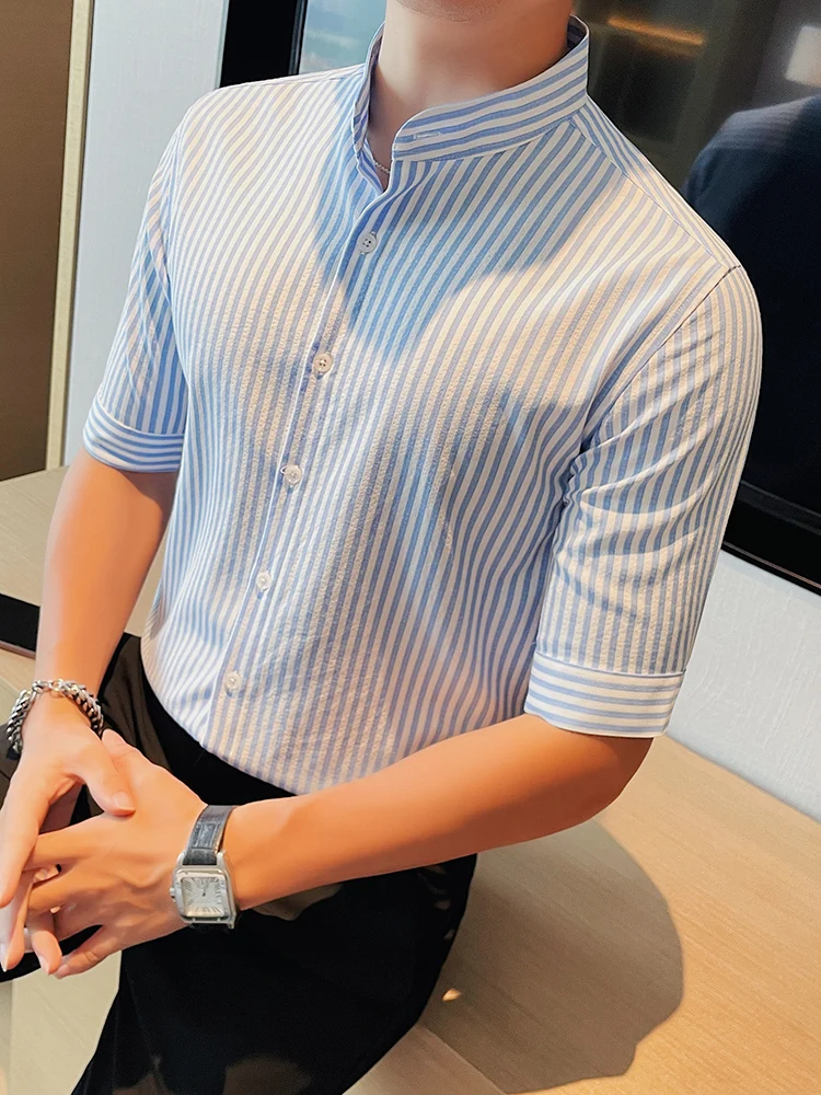 

Ice Silk Stand Collar ort Sve irt Men's Busin Casual Striped mid Sve Five-Quarter Length Summer Faion Urban Wear