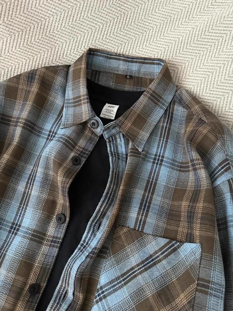 Retro Amerikaans geverfd blauw bruin geruit lang Sve irt casual veelzijdige bovenkleding voor heren herfstseizoen high-end gevoel versleten...