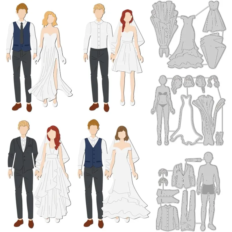3pcs Wedding Dress Up Cut Dies Married Couple Cutting Dies Metal Embossing Stencil for Card Making Decorative Scrapbooking