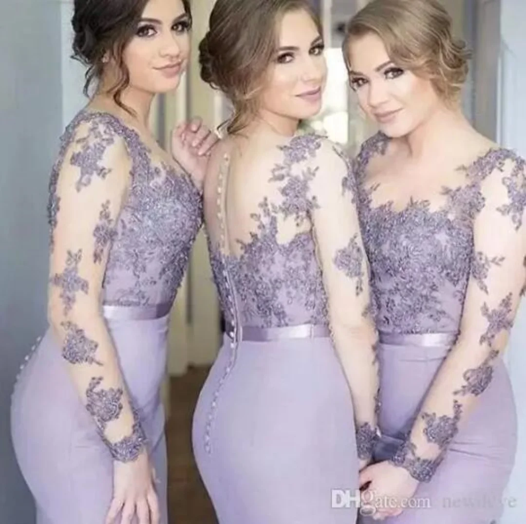 Vestidos de damas de honor de sirena púrpura, vestido de invitados con cuentas de encaje de manga larga cubierto con escote redondo, vestidos de dama de honor hasta el suelo