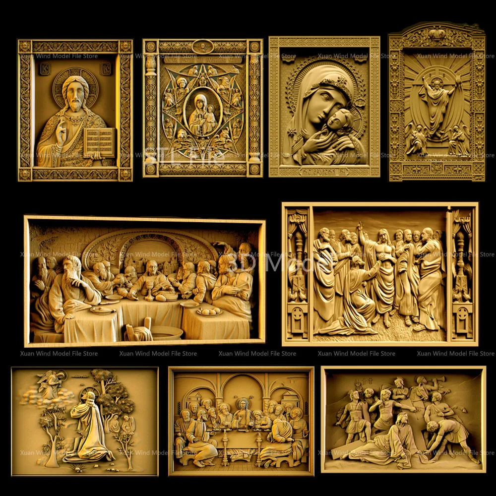 9PCS Religion Picture STL Relief Jesus 3D Model for CNC or 3D Printers in STL File Format