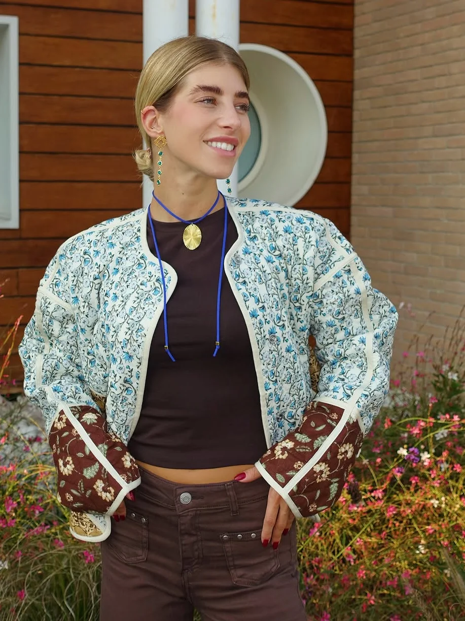 

Chic Quilted Printed Cotton Jacket Lady Casual Round Neck Full Sleeve Loose Short Outerwear Women New Winter Commute Streetwear