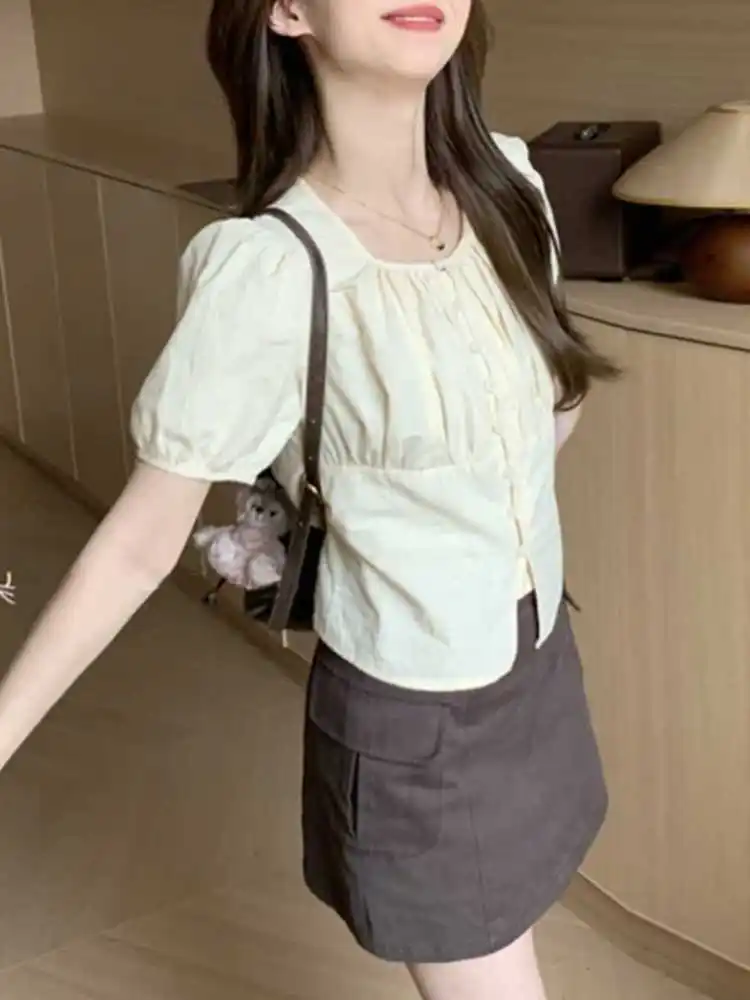 

Short Sleeve Shirts Womens Linen Patchwork Pintucked Shirt Vintage Cottagecore Artistic Relaxed Preppy Student Retro Chic Summer