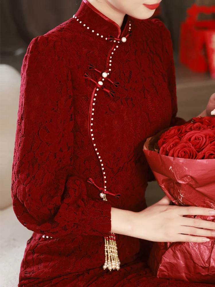 

New Chinese Sle Long Sve Lace Wedding Dr Red Qipao Bride Gown ort Size Return Home Ceremony Evening Par Dr