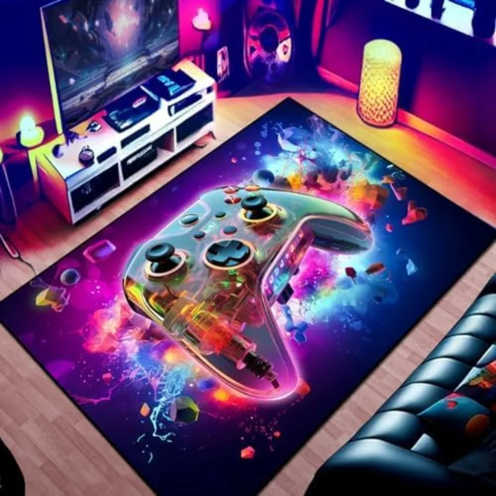 

Gaming Area Rug Teen Boys Carpet, 3D Transparent Gamepad and Colorful Bomb Background Game Controller Design for Game Room, Gami