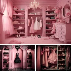 Pink Dream Closet Photography Backdrop Fashion Doll Vanity Mirror Dress High Heel Decor Kids Girl Birthday Cake Smash Background