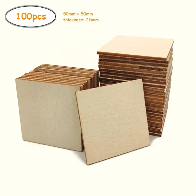 100pcs 5cm Unfinished Blank Wood Square Pieces, Natural Wooden Slices Squares Cutouts for DIY Crafts Pyrograph Painting Staining