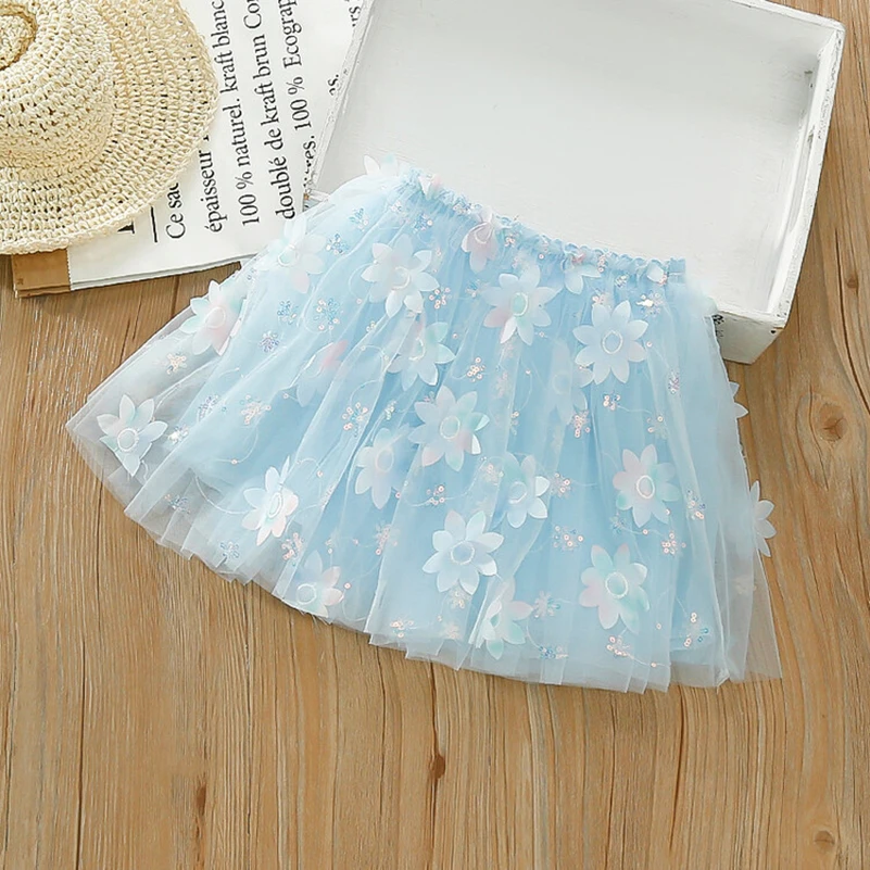 Girls' 2024 Summer New Solid Color Printed Colorful Petals' Half skirt