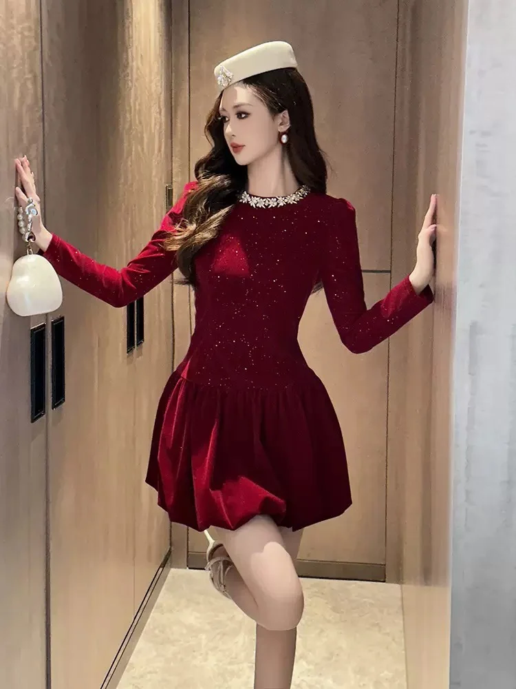 

Ele Slimming Wine Red Flower Bud Skirt Dr for ort Women Autumn Winter Diamond Embellied High Waist Velvet A-Line D...