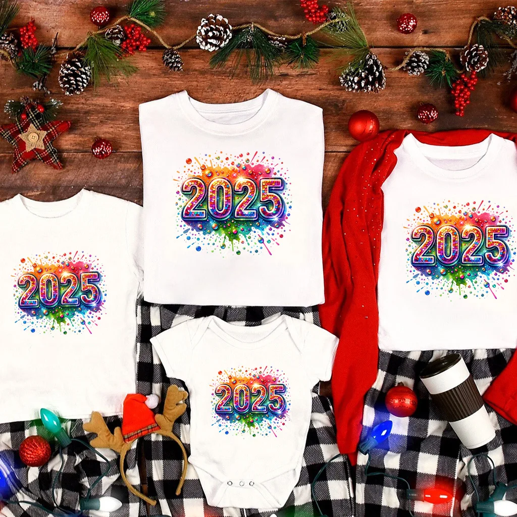 New Year 2025 Family Crew Shirts Outfits Dad Mom and Me Casual Breathable Tee Family Matching Tops Holiday Clothes