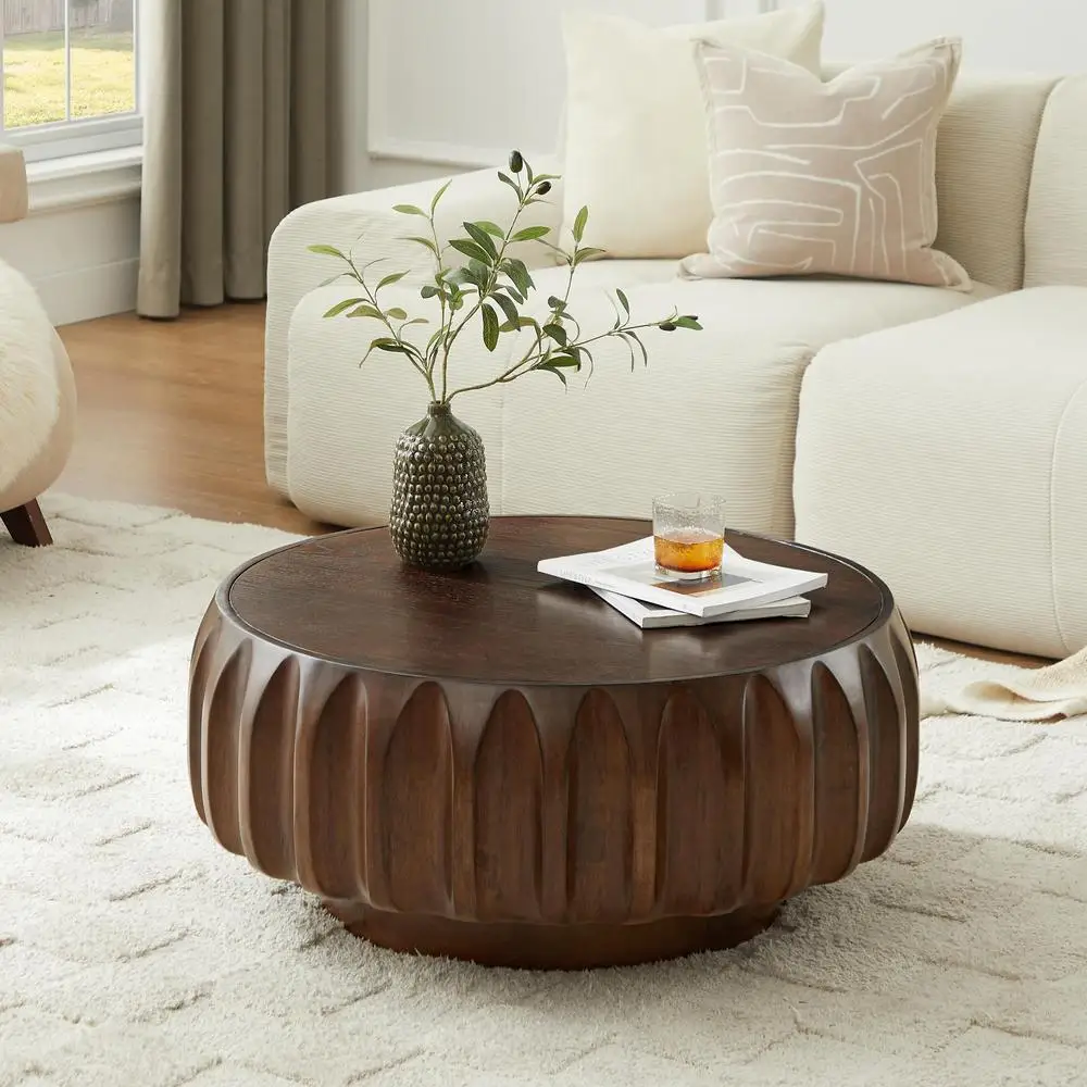 Mesa de centro redonda de madera maciza, marco de madera de Saman tallado escultural, chapa de fresno, tapa de grano de montaña, diseño Natural elegante