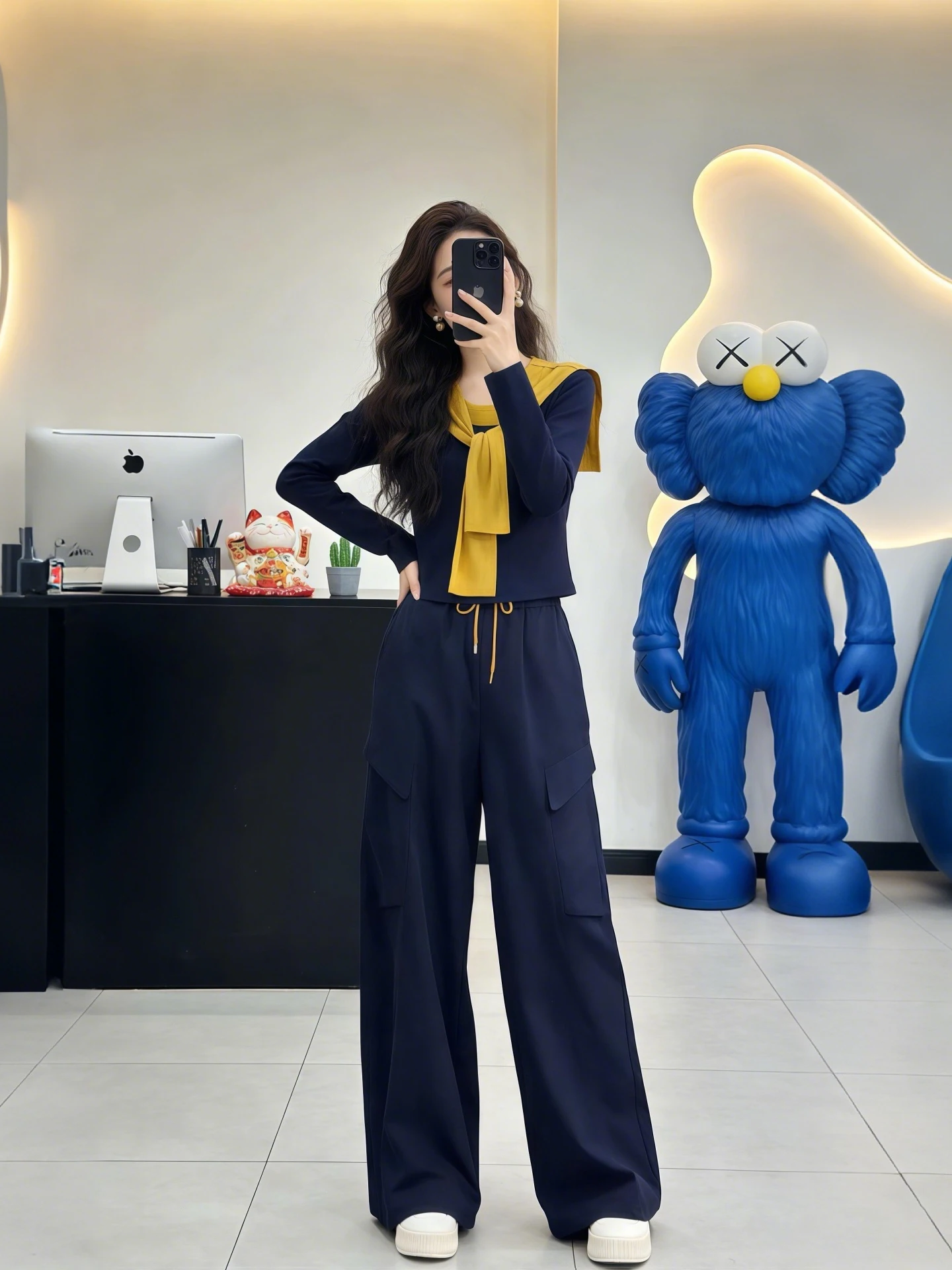 

Fashionable Color Block Long Sleeve Shirt And Wide Leg Pants Two Piece Set Women's Clothing High Neck T-Shirt Breathable Spri...