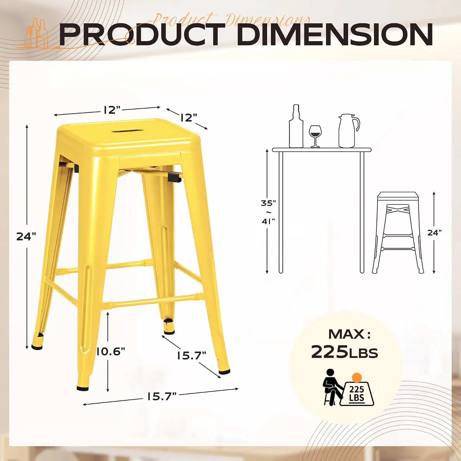 24 Inch Metal Bar Stools Set of 4, Counter Height Backless Stackable Bar Chairs for Kitchen Indoor Outdoor, Customized