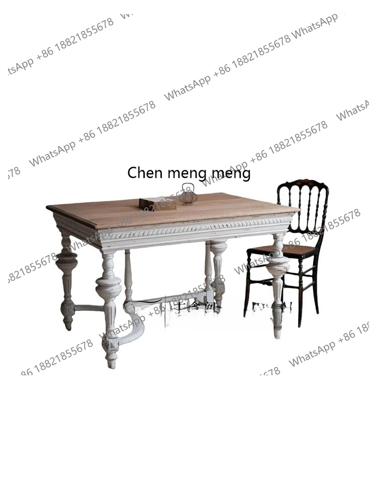 

Пасторальный французский ретро обеденный стол из цельного дерева, студийный резной белый состаренный стол