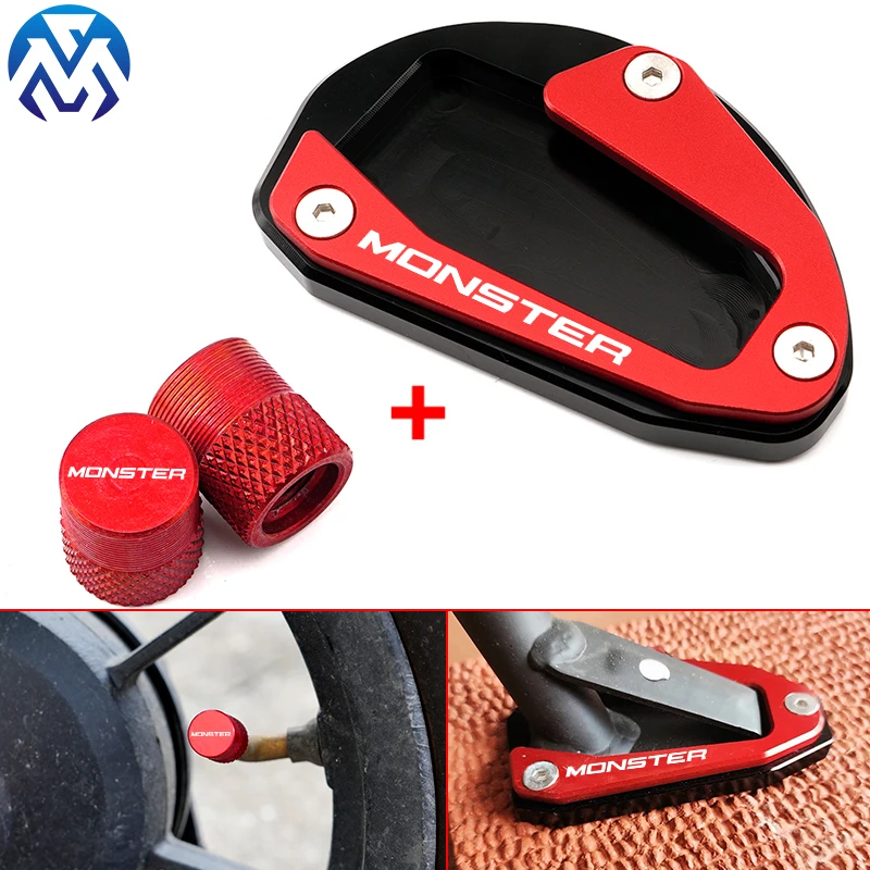 For Monster 696 795 797 821 1000 1000S 1200 1200S Accessories Kickstand Foot Side Stand Enlarger Pad & Tire Valve Cap