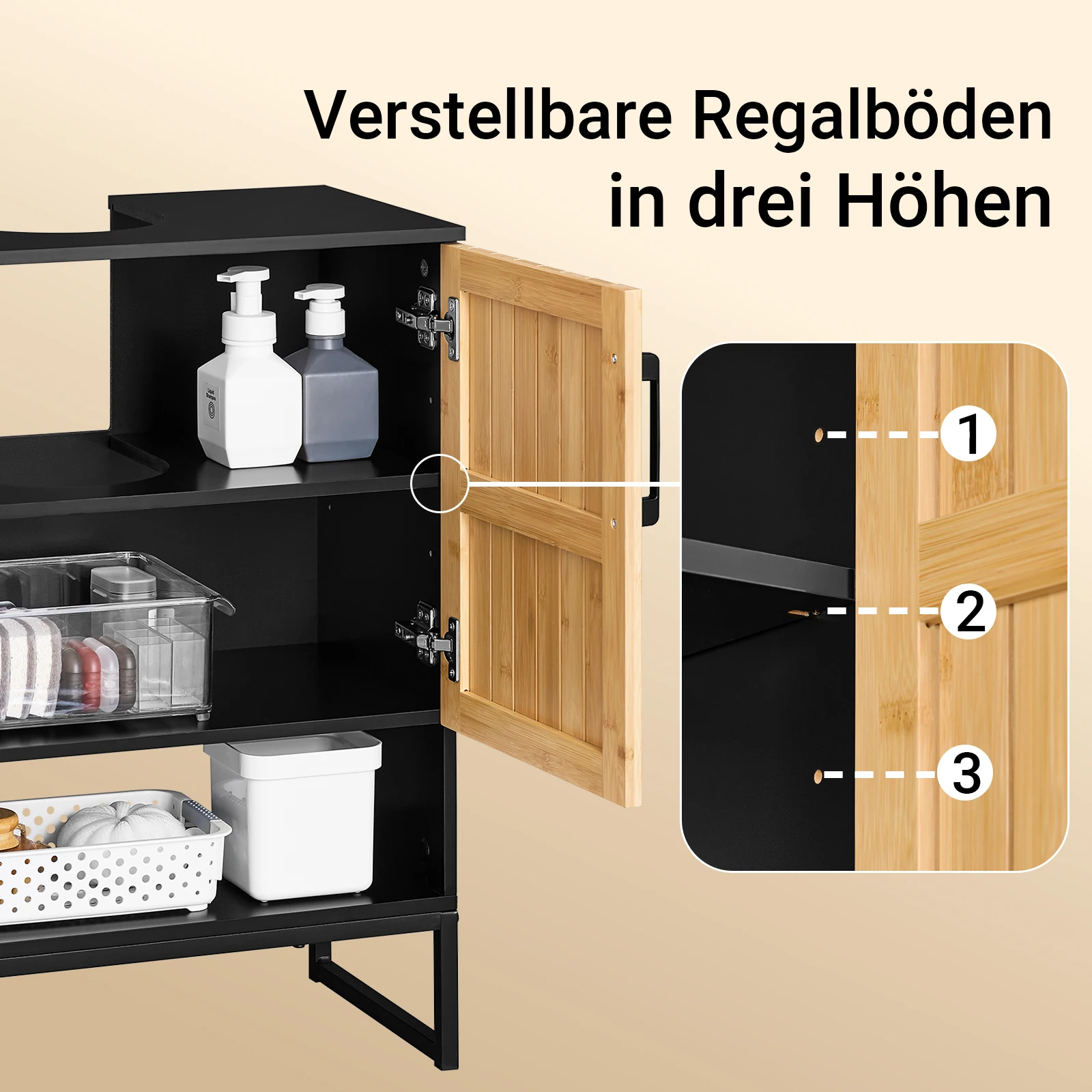 SoBuy BZR202-SCH Waschbeckenunterschrank 60 cm breit mit Bambus Tür & Metallfüßen höhenverstellbare für kleine Bäder Gäste WC – Detail 7