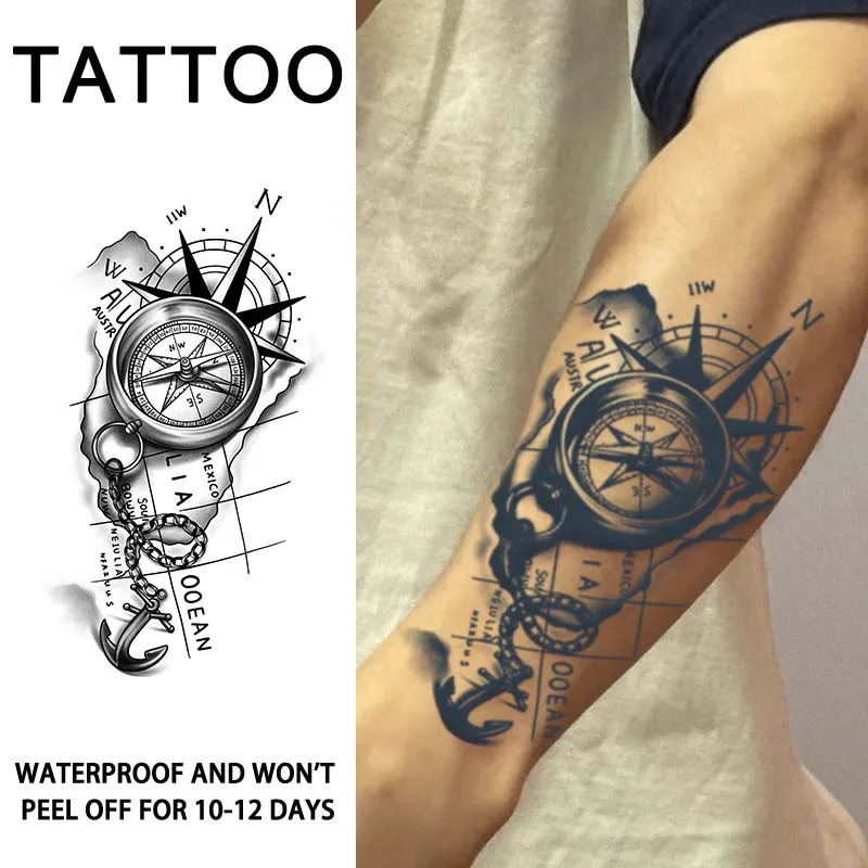 

1Pc Compass and Anchor Nautical Waterproof Temporary Tattoo Stickers, Long-lasting Waterproof for One to Two Weeks, For Arm, Leg