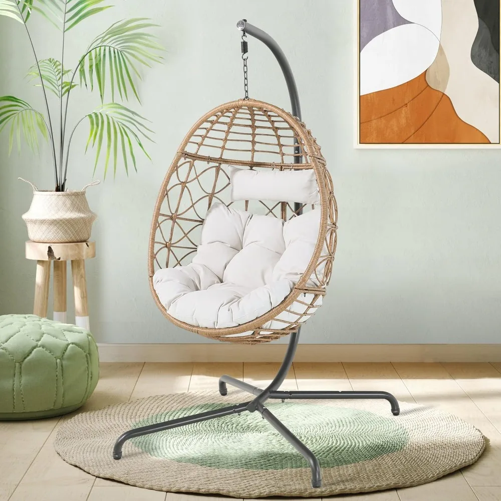 Swing Egg Chair with Stand - Indoor/Outdoor Wicker Rattan Hammock Chair with UV-Resistant Cushions - Patio Hanging