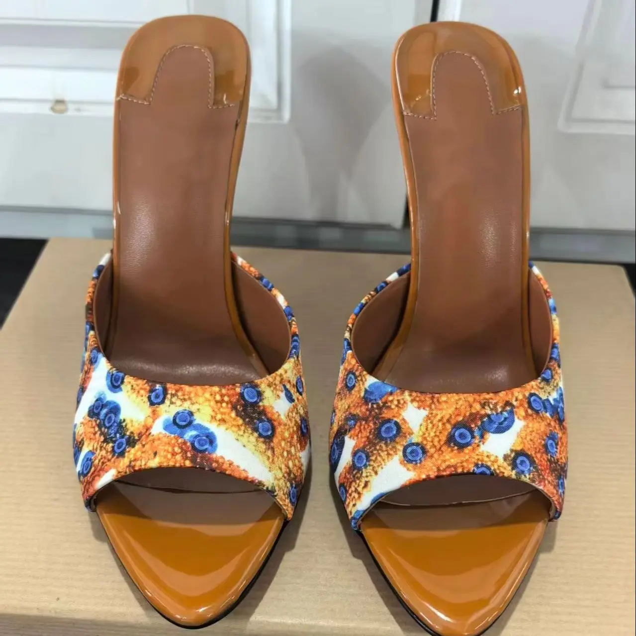 Brown Pointed Toe Blue Bubble Outdoor Summer Women Slippers Stiletto High Heels Pull On Design Large Size Fashion Show Shoes