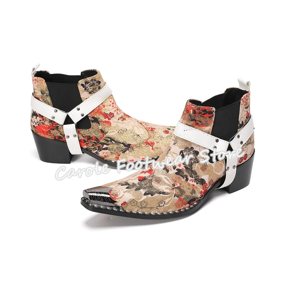 

Male Wedding Party Dress Shoes Mixed Color Prints Genuine Leather High Top Boots Men Metal Pointed Toe Chunky Heel Chelsea Boots